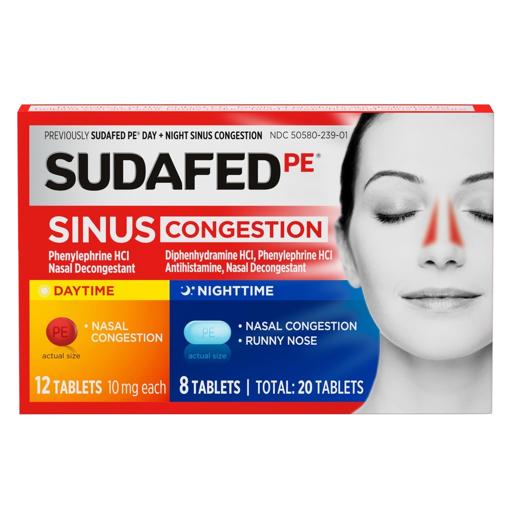 Sudafed PE Sinus Congestion Day + Gece En Güçlü ve Antihistamin Tabletleri Phenylephrine HCl & Diphenhydramine HCl, Helps Nasal & Sinus Baskı & Congestion, 20 ctt