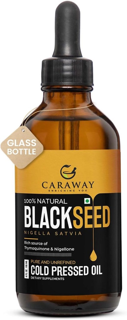 CARAWAY Organik Siyah Tohum Yağı - Soğuk Baskı Nigella Sativa Yağı - Saf ve Unrefined - Immune Support, Hair and Skin Care | Glass Şişe Şişe