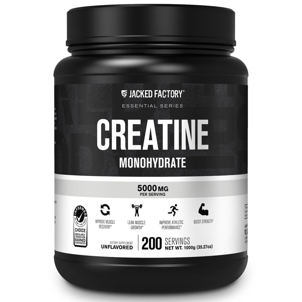 Jacked Factory Tinatine Monohidrat Toz 1000g - 5g Daily Kretine Supplement for Men and Women, Vegan-Friendly, Third-Party Tested - 200 Hizmet, Unflavored
