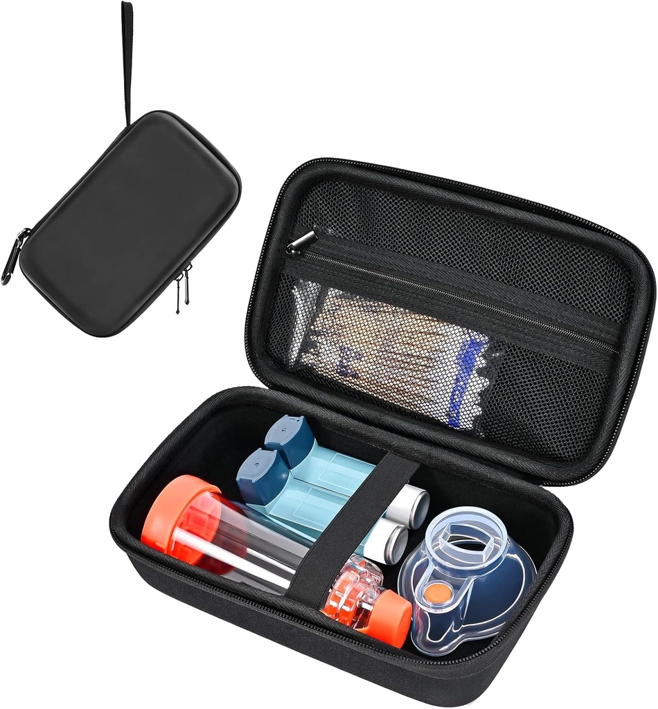 ProCase Hard Carrying Case for Asthma Inhaler, Portable Inhaler Spacer Travel Bag for Adults Kids, Masks Asthma Accessories Holder，Asthma Kits Organizer with Mesh Pocket -Black