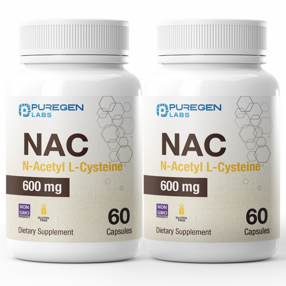 Puregen Labs N-Acetyl-L-Cysteine (NAC) 600 mg, Destekler Immune, Respiratory, Liver Health, NAC 600 mg, Potent destek, Free-radicals, Ab Capsulesorb - Toplam 120 Veggie Capsules