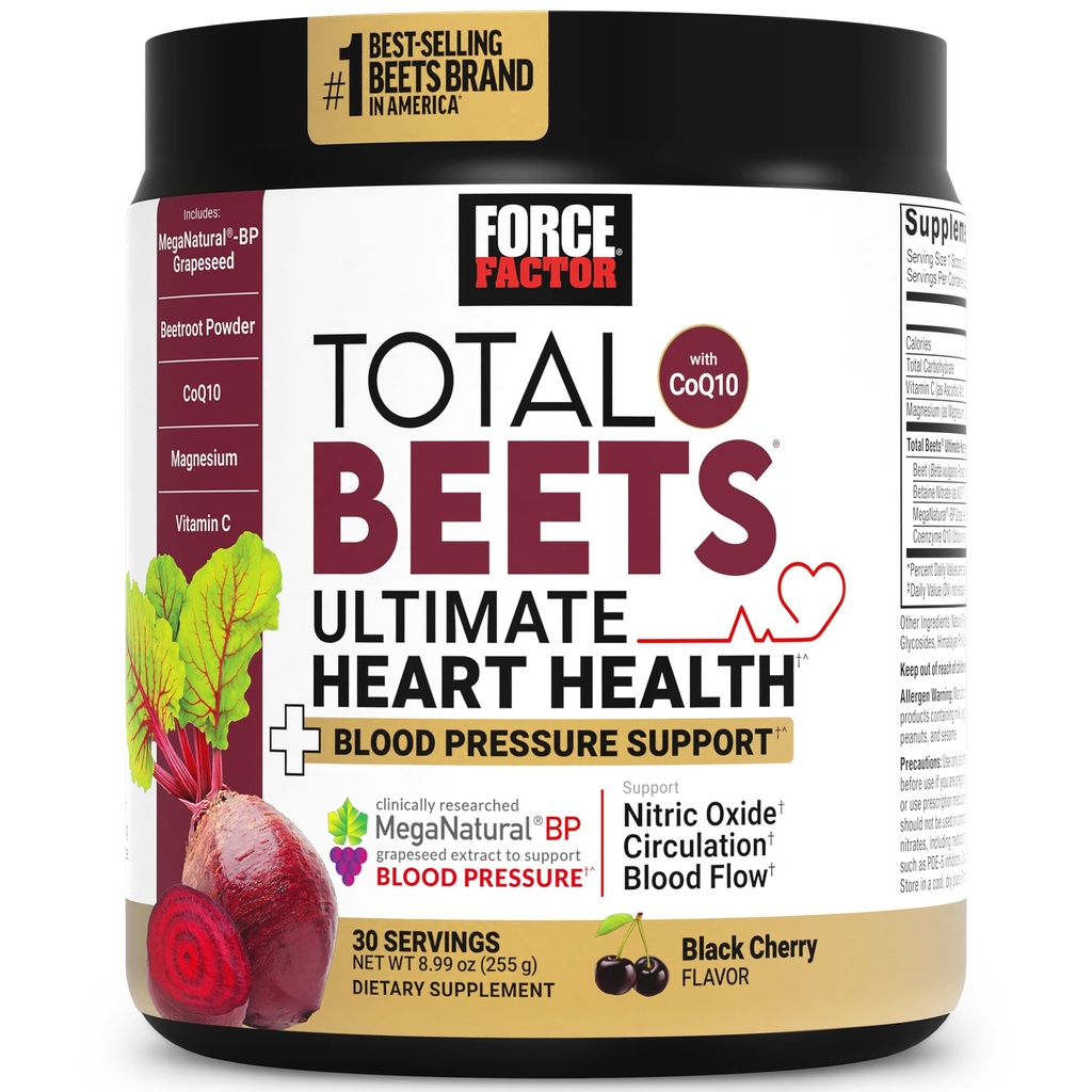 Kuvvet Faktörü Total Beets Ultimate Heart Health Blood Printing Support with CoQ10, Beet Root Toz, Grape Tohum Ekstraksiyon, Kan Baskı Supplement for Circulation, Black Cherry, 30 Hizmet