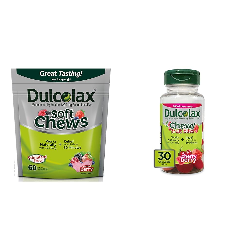 Dulcolax Soft Chews Saline Laxative Karma Berry (60ct) Centiation Relief & Chewy Meyve Bites, Saline Laxative, Cherry Berry (30ct) Cramp-Free Constipation Relief