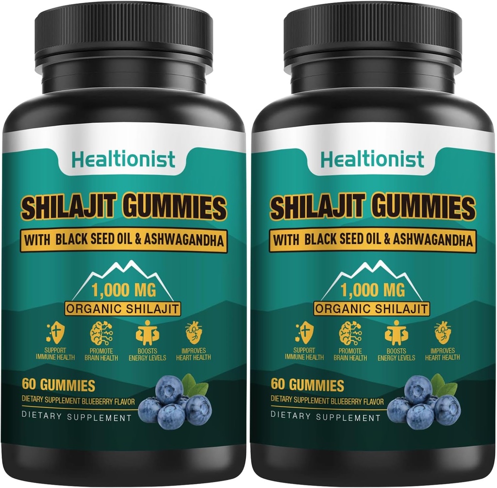 2 Packs 1000 MG Shilajit Supplement Gummies with 85+ Trace Minerals, Fulvic Acid, Pure Organic Shilajit Himalayan Gummy for Men & Women, Energy, Brain, Immunity Suport - 120 Counts