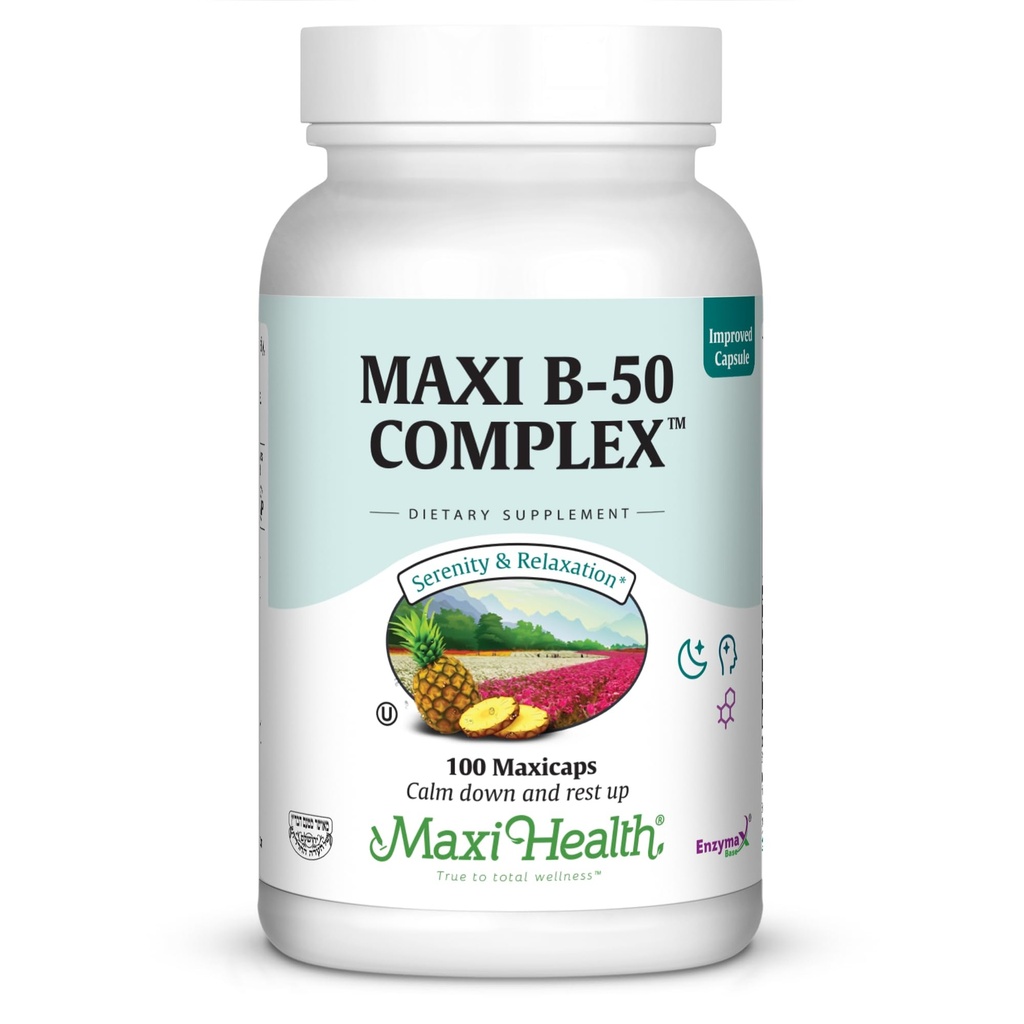 Maxi Health Vitamin B Kompleksi – Yüksek Potency B Kompleks Vitaminleri B-50 ile B1, B2, B3, B6, B12, Biotin & Folate – Destek Hücreleri Enerji ve Ruh Clarity – Kosher – 100 Capsules