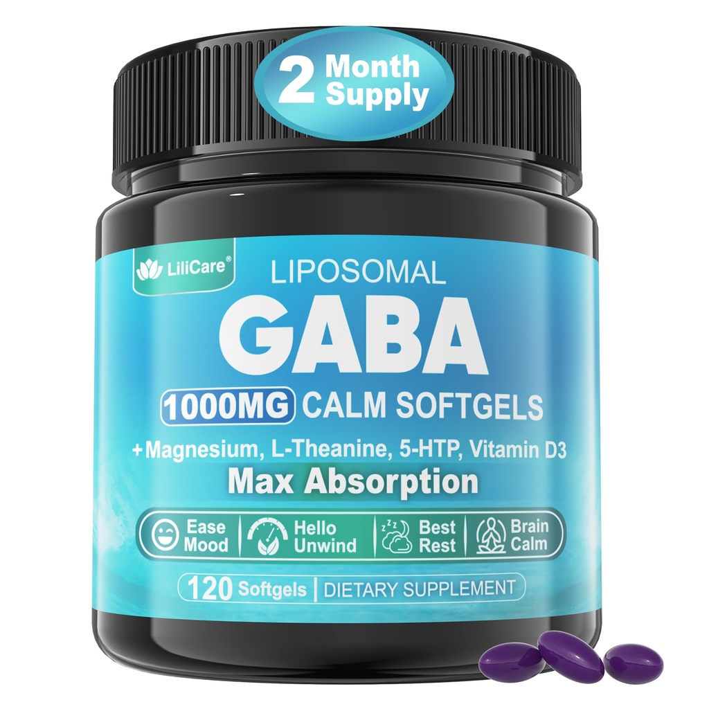 GABA Supplement - Optimal Abhidrasyon için 1000 mg Liposomal Form, GABA L-Theanine, Magnezyum Glycinate, 5HTP, Calm için D3, Rahatlama, Mood, Restful Night - Melatonin-Free 120 Softgels.