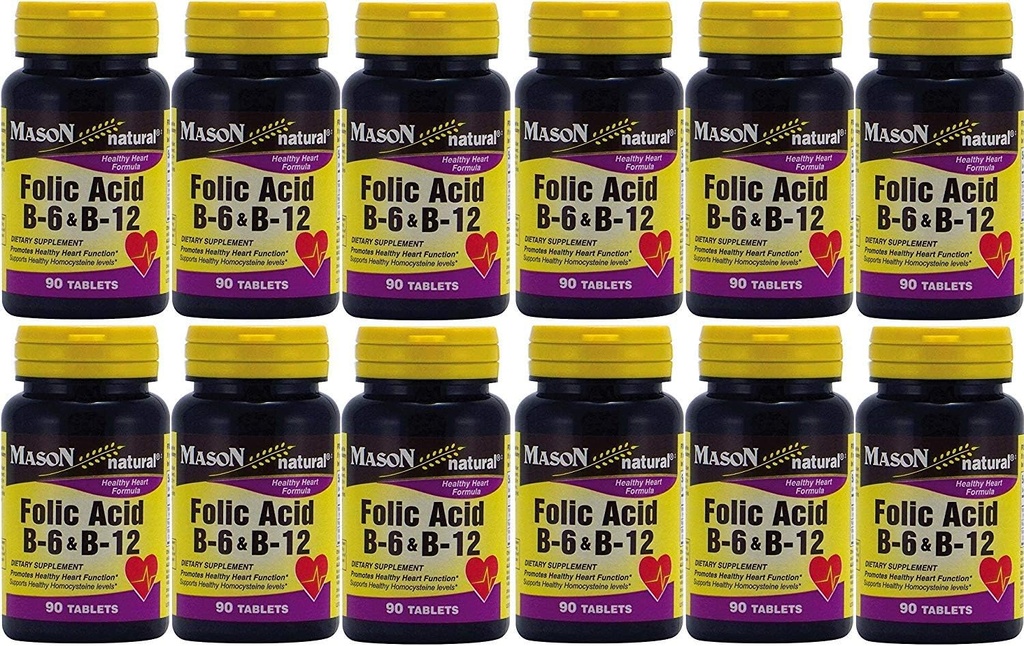 Masonlar Folic Asit B-6 & B12 Kalp Sağlığı Formula 90 Tabletleri Şişe Paketi Için 12 Toplam 1080 Tablet