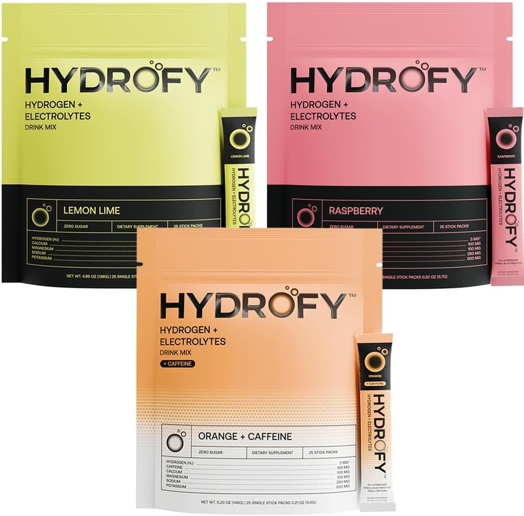 Hidrojen + Electrolytes Drink Mix Raspberry, Orange + Caffeine ve Lemon Lime Sche 75 Servisler | Minik Hidrojenli Üstün Hydration Packets (H2), sodyum, Pyumyum, Magnezyum ve Kalsiyumyum,