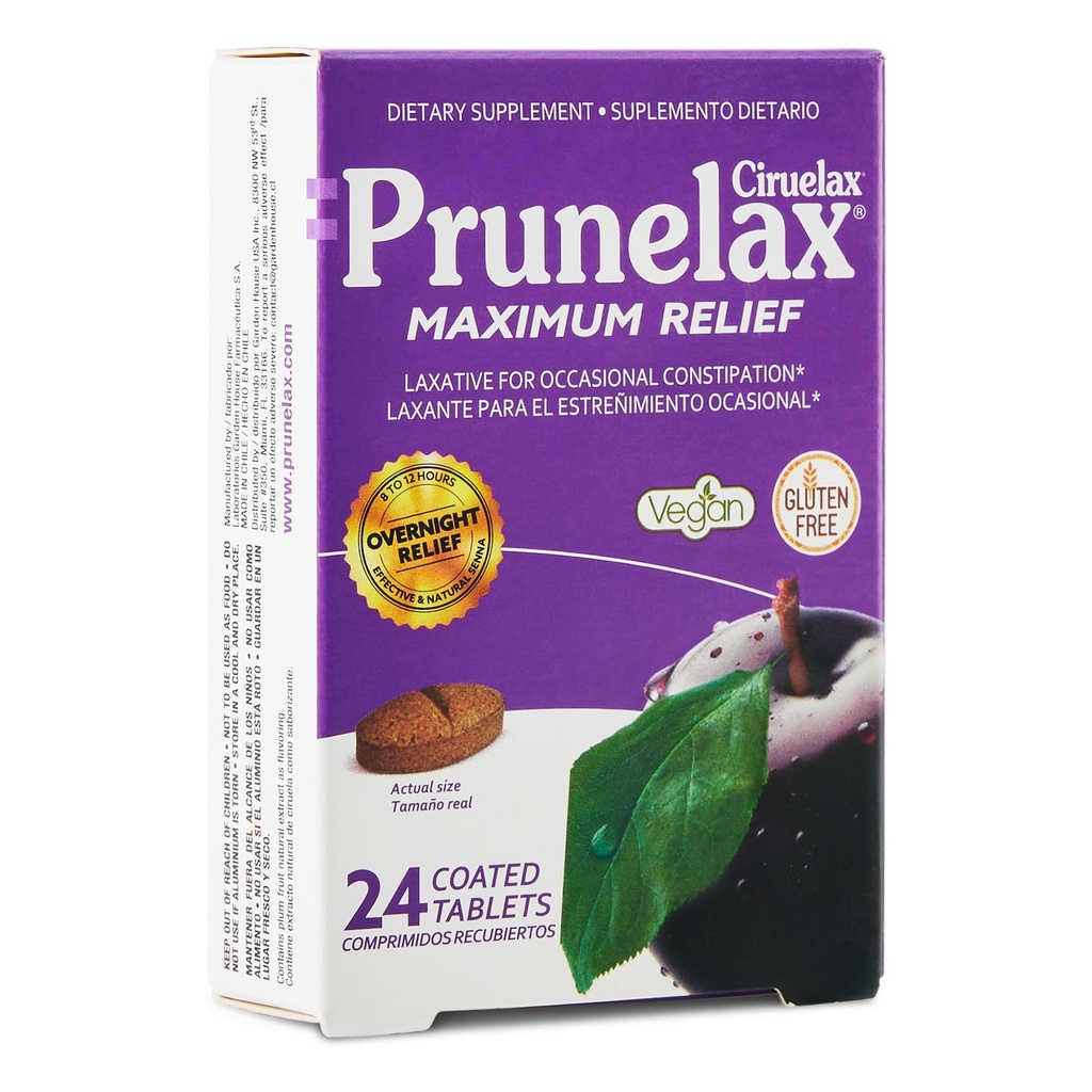Prunelax Ciruelax Natural Senna for Occasional Constipation, Senna Extract, Vegan & Gluten-Free, Gentle Overnight Relief - 24ct