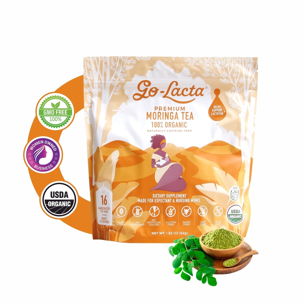 Go-Lacta Organic Moringa Tea – Increase Breast Milk Supply – Natural Lactation Tea for Breastfeeding Moms – Caffeine-Free Herbal Galactagogue – Prenatal Safe – 32 Servings