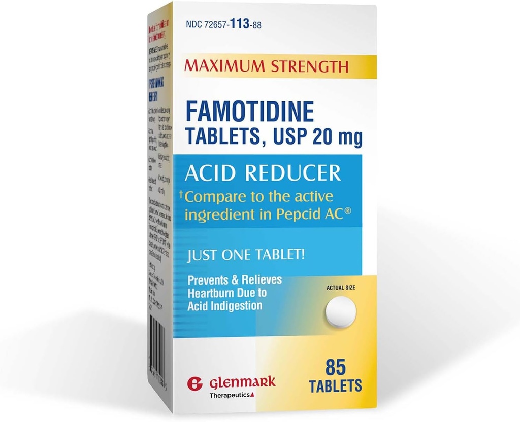 Glenmark Maksimum Güçlü Famotidine Tabletleri, 20 mg, Kalpburn Yardımı için asit tayini, 85 Kont