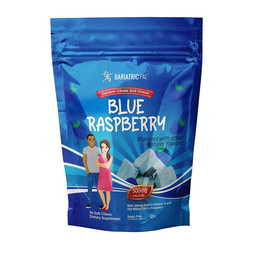 BariatrikPal Sugar-Free Food Citrate Soft Chews | 500 mg with Vitamin D & Probiyotiks | Blue Raspberry | 90 (1 Ay Supply)