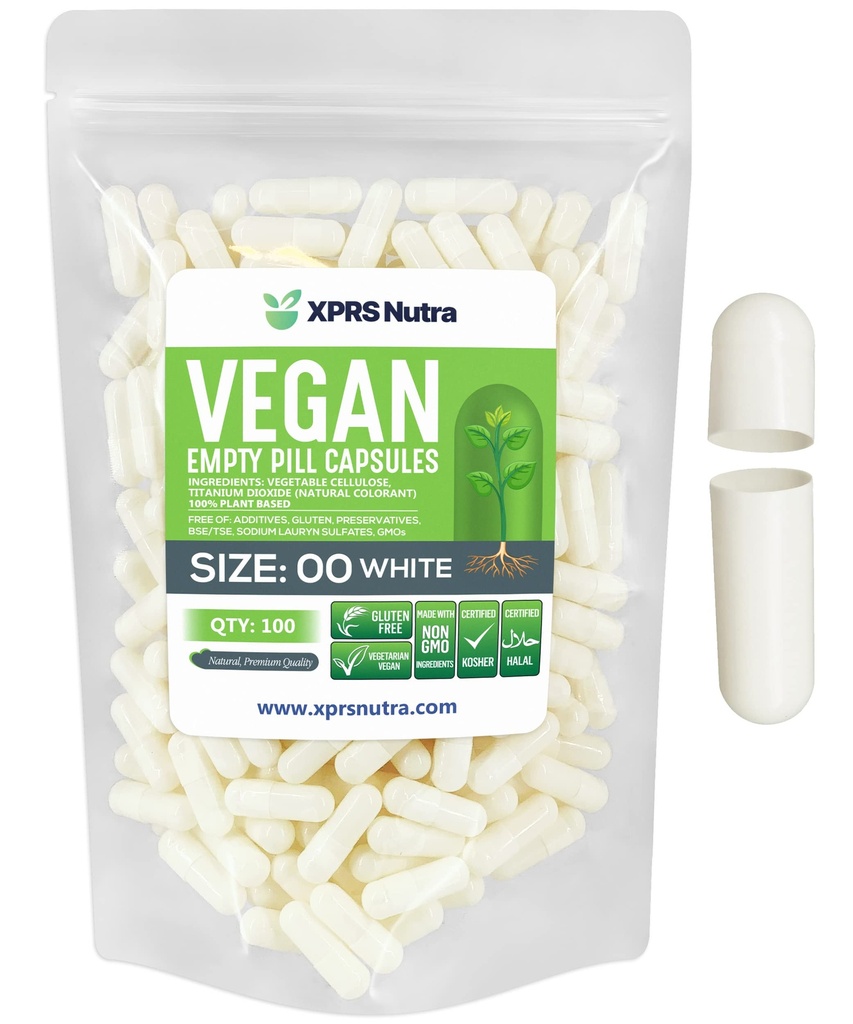 XPRS Nutra Boyutu 00 Boş Kapsüller - 100 Kont Boş Vegan Capsules - Vejetaryen Boş Pills - DIY Sebze Kapsülü - Veggie Pill Caps (Beyaz)