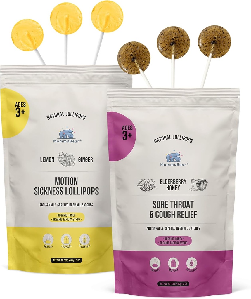MommaBear Organik Tüm Doğal Hareket Hastalığı ve Throat Relief Lollipops Well Soon Pack | Throat Soothing & Nausea Calming Honey Lollipops for Yetişkinler, Hamile Kadınlar ve Çocuklar 3+ | Paket