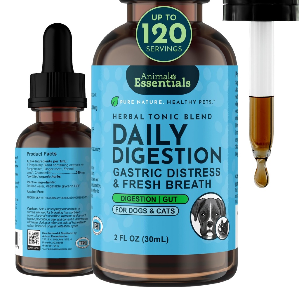 Animal Essentials Daily Digestion for Dogs & Cats - Digestive Support, Fresh Breath, Ginger Root, Fennel Tohum Ekstraksiyon, Sıvı Tamam - 2 Fl Oz