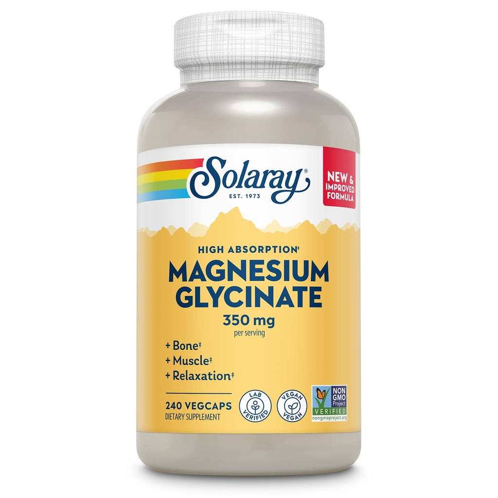 Solaray Magnezyum Glycinate, New & Improv Full Chelated Bisglycinate with BioPerine, High Abors Formula, Stres, Bones, Muscle & Relaxation Support, 60 Day Garanti, 60 Hizmet, 240 VegCaps