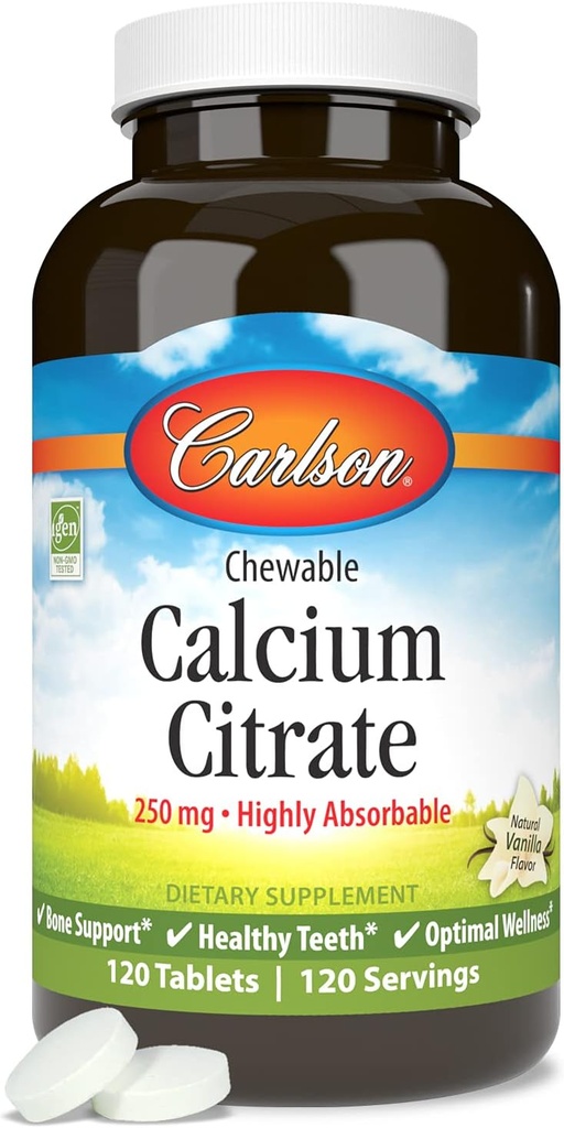 Carlson - Chewable Food Citrate, 250 mg, Yüksek derecede Absorbable, Bone Support, Sağlıklı Dişler ve Optimal Wellness, Natural Vanilla Flavor, 120 Tablet
