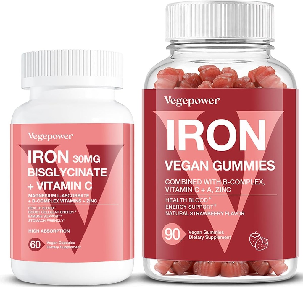 Vegan Demir Gummies Strawberry Plus Iron Bisglycinate 30MG | Vegan Demir Supplement Support for Bloodhealth & Daily Energy for Yetişkinler & Çocuklar - 90 Count+60
