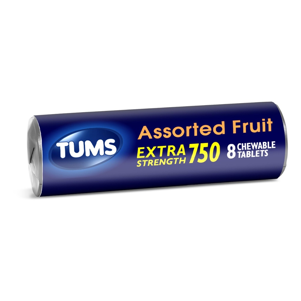 TUMS Extra Strength Antacid Tablets for Chewable Heartburn Relief and Acid Indigestion Relief, Assorted Fruit Flavors - 8 Count Roll