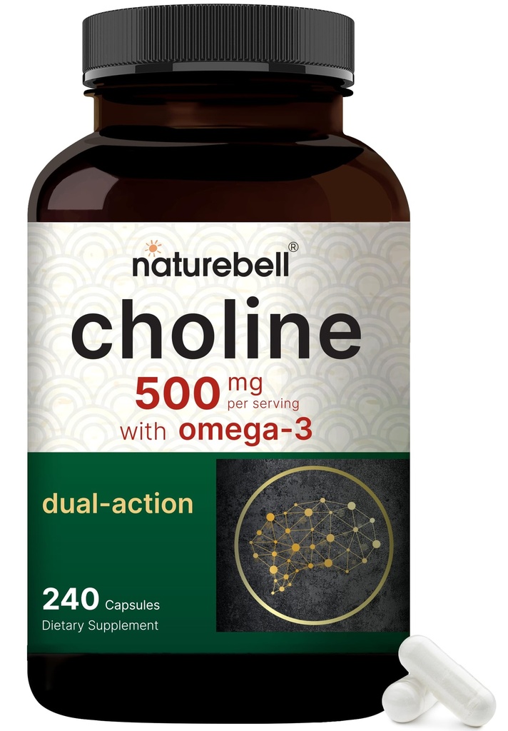 NatureBell Choline Supplements 500 mg with Omega-3 Fatty Acids, 240 Capsules | Yüksek Potency Choline Bitartrate – Prenatal Support duringlle – Optimal Health, Liver, Brain, & Cognitive Health