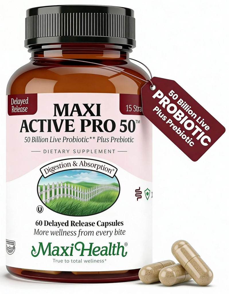 Maxi Health Probiyotik Plus Ultimate Prebiyotik Advanced Live Probiyotiks Formula - 50 Milyar Canlı Aktif Probiyotik - 15 Strains - Ultra Protection - Active Pro-50-60 Count