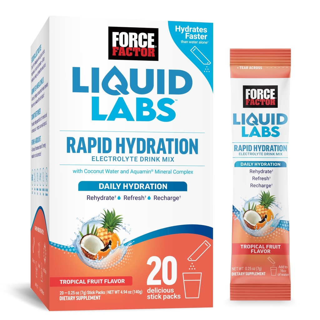FORCE FACTOR Sıvı Laboratuvarları Elektrolytes Toz Paketleri -Tropical Meyve - Elektrolyte Water yapmak için Packets, 5 Essential Electrolytes, Vitamins, Minerals ve Antioksis, 20 Stick Packs