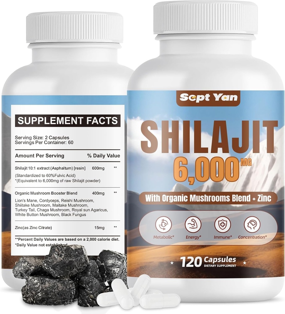 Shilajit Himalayan Capsules - Pure Himalayan Organic Supplement with Mushrooms Blend, Zinc - 2 Month Supply for Strength, Stamina, Brain & Immune Health - Shilajit for Women & Men 120 Count Vegan