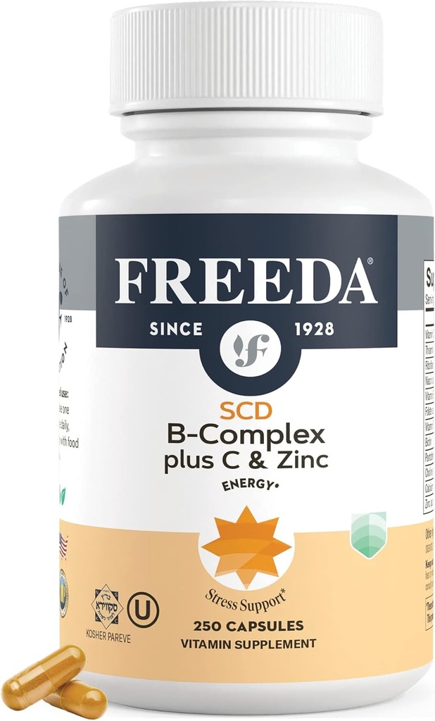 FREEDA Complete B Complex with Vitamin C & Zinc – SCD Legal Vitamin B Complex (B1, B2, B3, B6, B12) – 250 Vegetarian Capsules, Suitable for All Including SCD Diet Followers, Daily Health Support