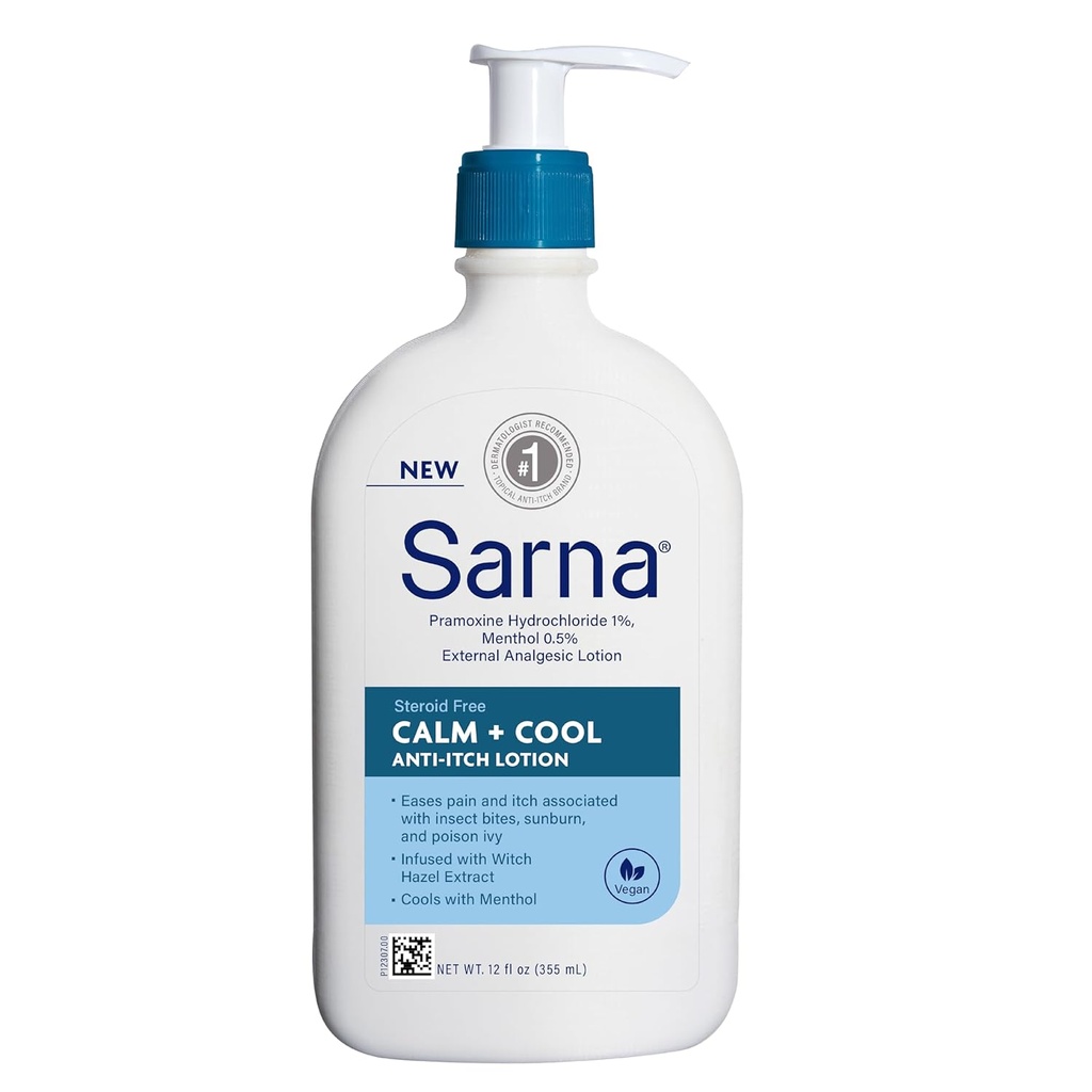 Sarna Calm + Cool Anti-Itch Lotion, Soothe and Relieve Pain and Itch from Insect Bites, Sunburn, & Poison Ivy, Contains 1% Pramoxine Hydrochloride, 0.5% Menthol, Vegan, Steroid-Free, 12 oz