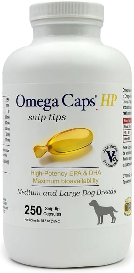 Omega Caps HP, Orta ve Büyük Köpekler için ipuçları Yüksek Potency EPA ve DHA Maksimum Biyoyasal Balık Yağı Tamam Vet Formulated ABD Skin Coat Joint and Heart Health 250 Capsules