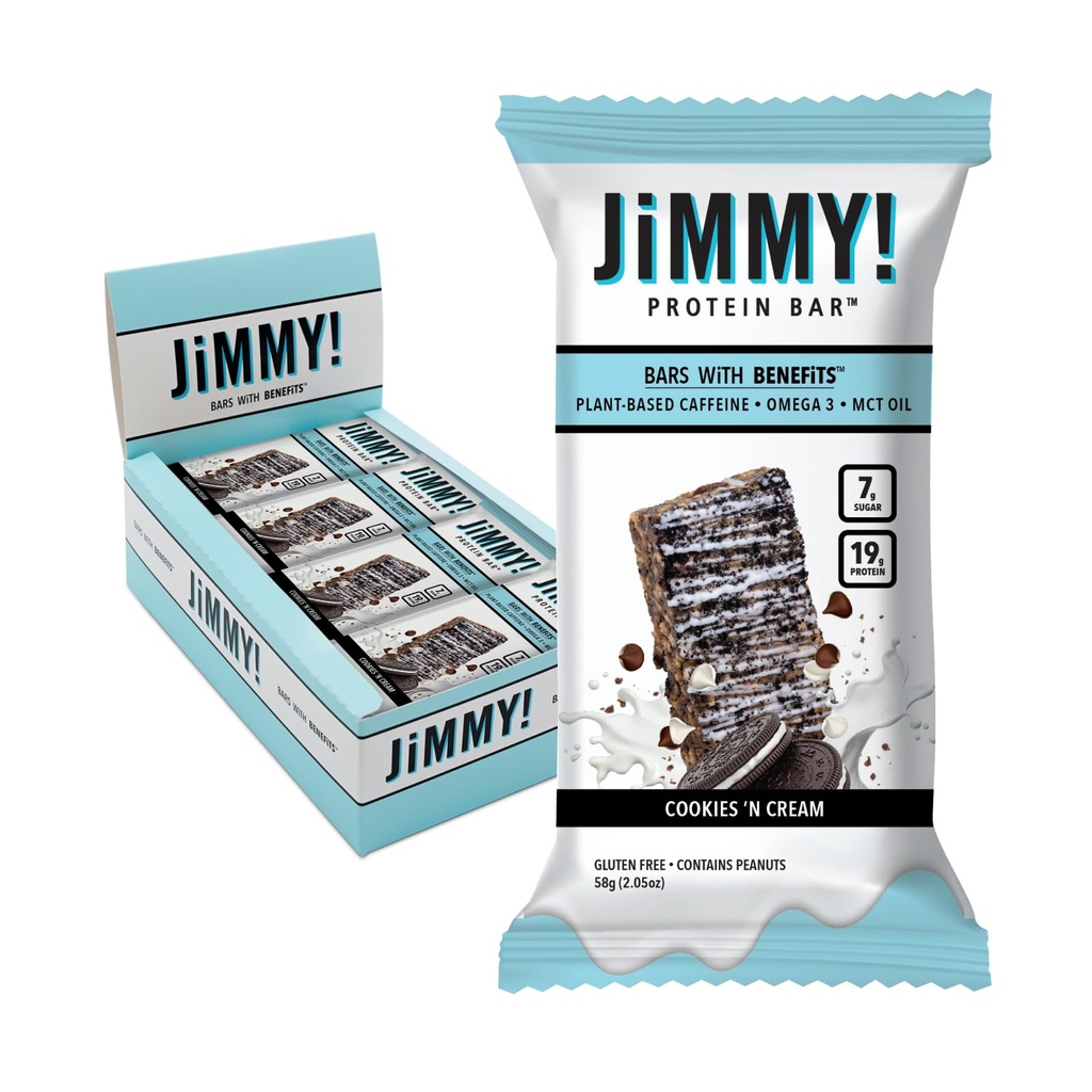 JiMMYBAR! - Kurabiyeler N Krem Protein Barlar 19g Protein Bar - 7g Low Sugar - 12 Kont - 58g Health Bars - Real Food Materialss ile Fonksiyonel Snack - Hand-Drizzled Chocolate - Made with Real Peanuts