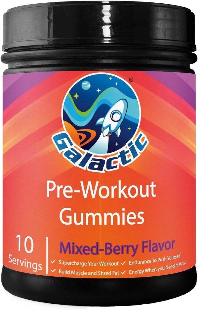 Galaktik Pre-Workout Gummies, All Natural, 250 mg Caffeine, Beta-Alanine, L-Citrulline, L-Theanine, Chromium Picolinate, 10 Hizmet
