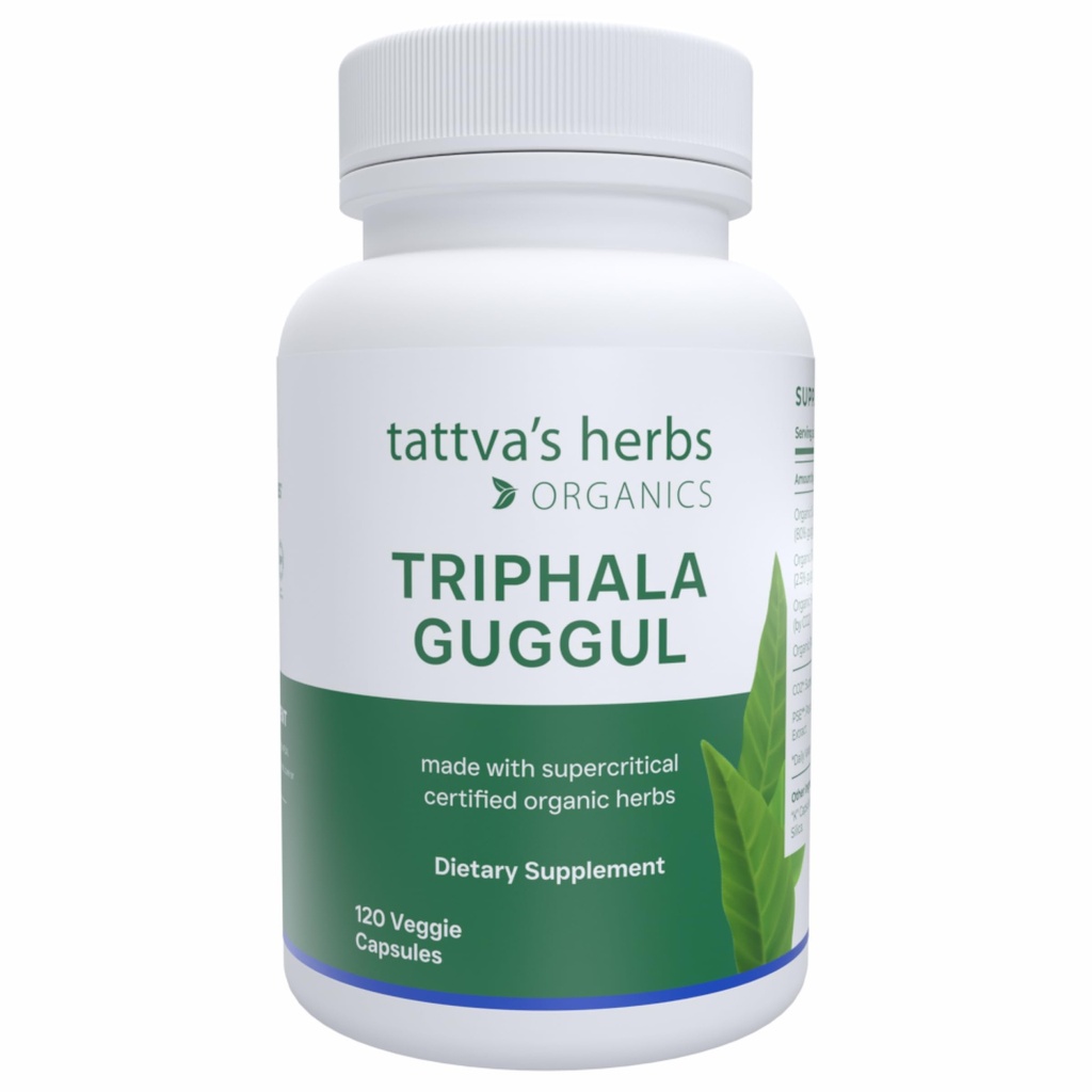 Tattva'nın Herbs Triphala Guggul Herbal Supplement, Ayurveda Herbal Supplements, Digestive Health and Support, Organic Triphala Capsules, 120 Count, 25 Years of Premium Service