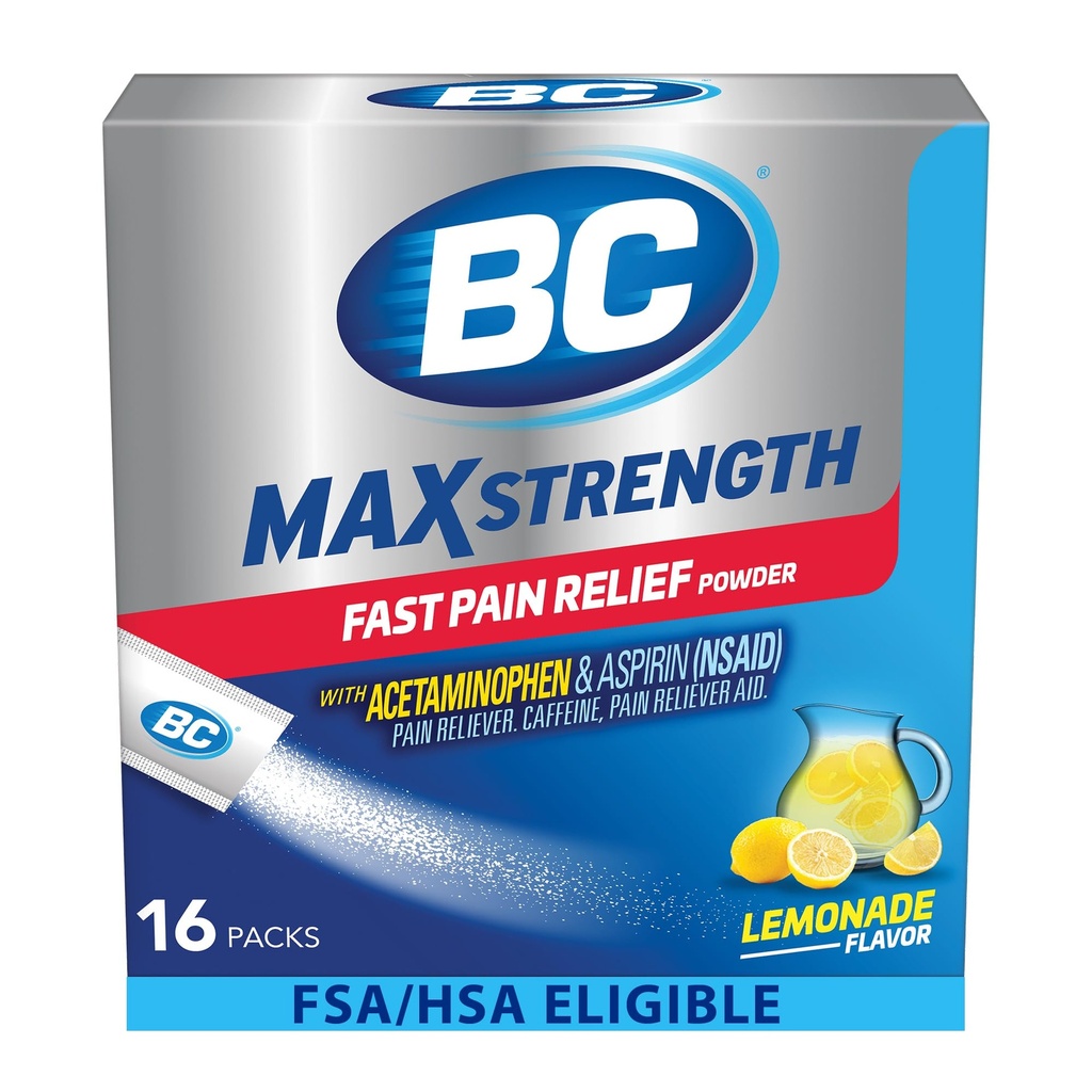 BC MAX Fast Pain Relief Toz, Lemonade Flavor aspirin 500 mg ve Acetaminophen 500 mg Dissolve Packs, 16