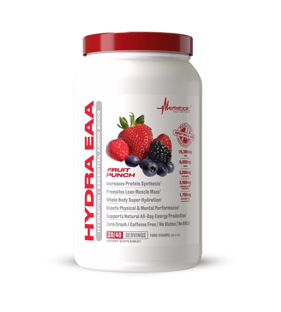 Metabolik Beslenme Hydra EAA, Essentials Asits + Hydration, EAAs, BCAAs, Glutamine, Electorlytes, Coconut Water & Glycerol, Amazing Flavors (Fruit Punch, 1000g)