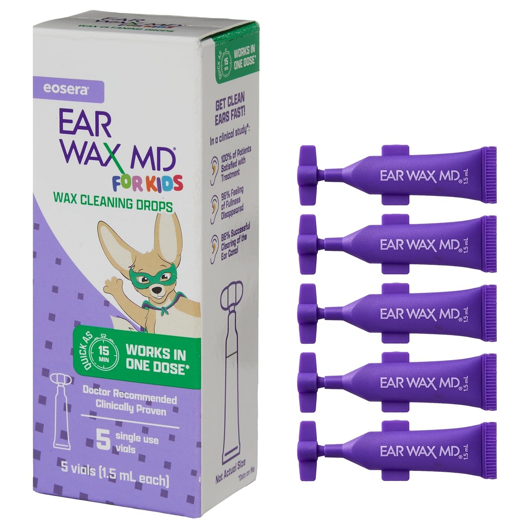 Eosera® Ear Wax MD® for Kids - Ear Wax Temizlik Drops, 5pk Vials | Hızlı-Acting | Breaks Down & Dissolves Ear Wax in as Little as 1 Treatment | Klinik olarak Proven | Gentle & Safe I for Kids Age 2+
