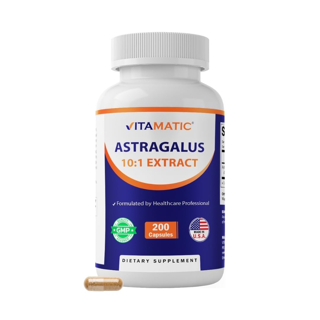 Vitamatic Astragalus Capsules 200 Veg Capsules - 10:1 Astragalus Ekstra 500 mg - Non-GMO, Gluten-Free