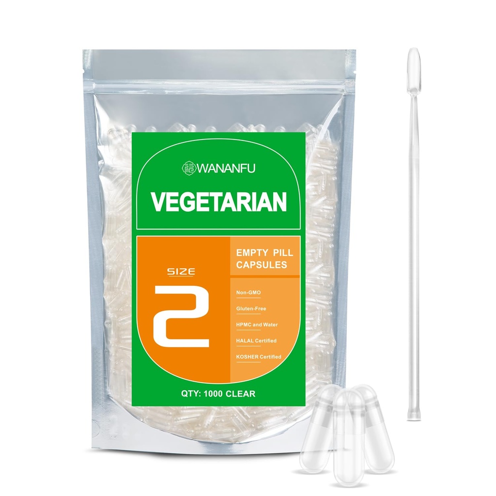 wananfu Boyutu 2 Boş Capsules Vegetarian (500 Count) Sche with 2 Micro Lab Spoons, Clear Fillable Veggie Pill Capsules Boyut 2 Kendi Tamamlarınızı Yapmak için
