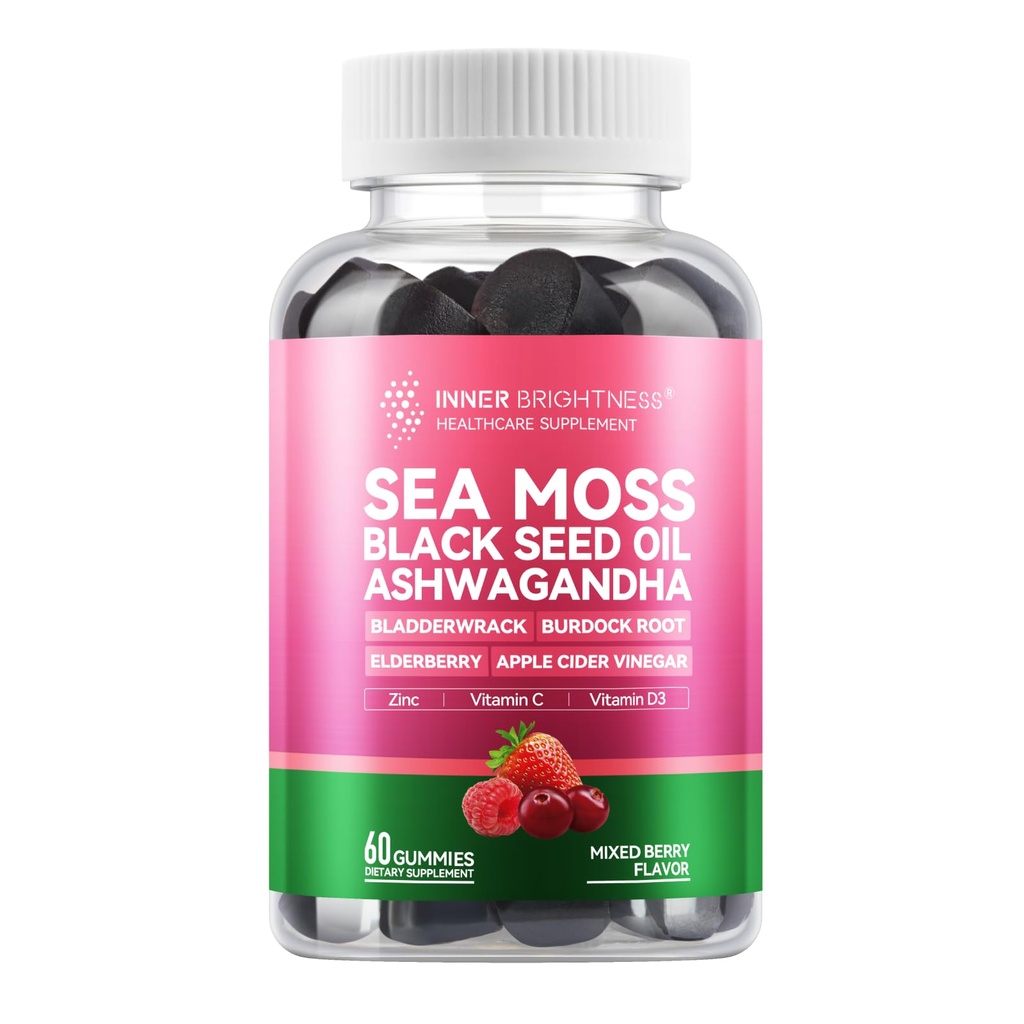 Sea Moss 4000mg Gummies with Ashwagandha, Elderberry, Apple Cider Vinegar, Bladderwrack, Burdock Root – Immune Support – karma Berry Flavor – 60 Kont