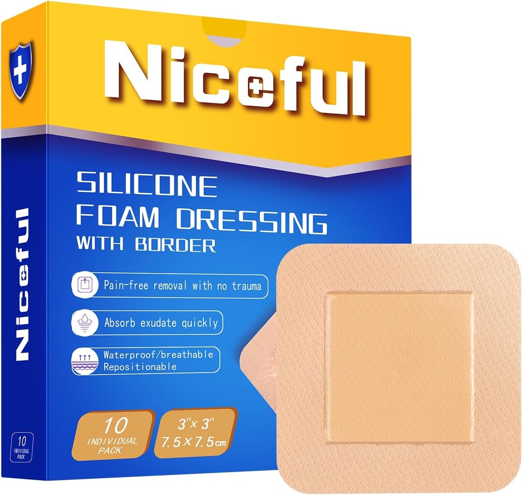 Silikon Köpük 3x3'ü (7.5x7.5cm), Yüksek Absorbency Bed Sore Bandaj Yaraları Giyme,Waterproof Silikonları Hassas Cilt Yara Bakımı (10 Adet)