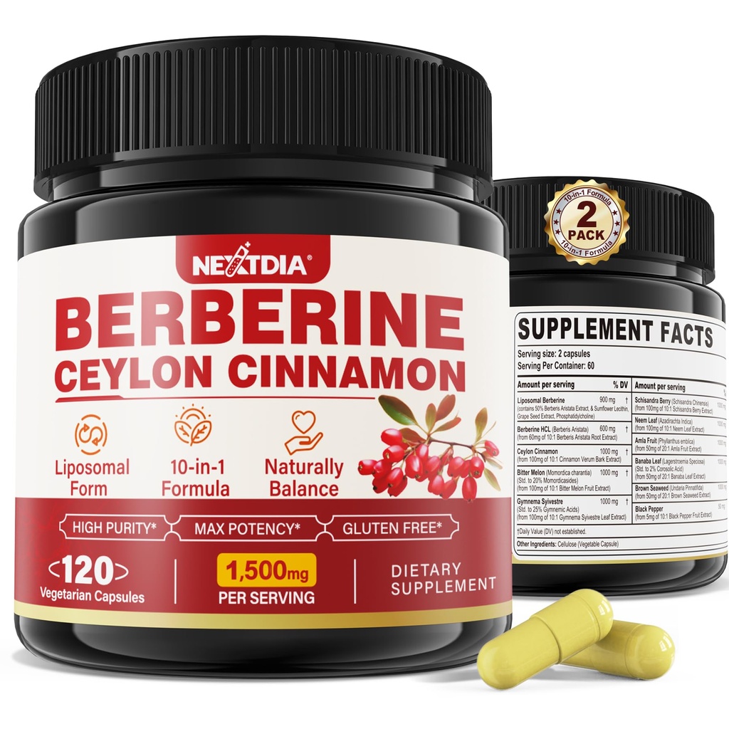 2 Pack 1500 mg Liposomal Berberine HCL ile Ceylon Cinnamon Bitter Melon, Organik Berberine Komplek Supplements with Banana Leaf, Supports Immune & Digestion - Vegan 240 Capsules