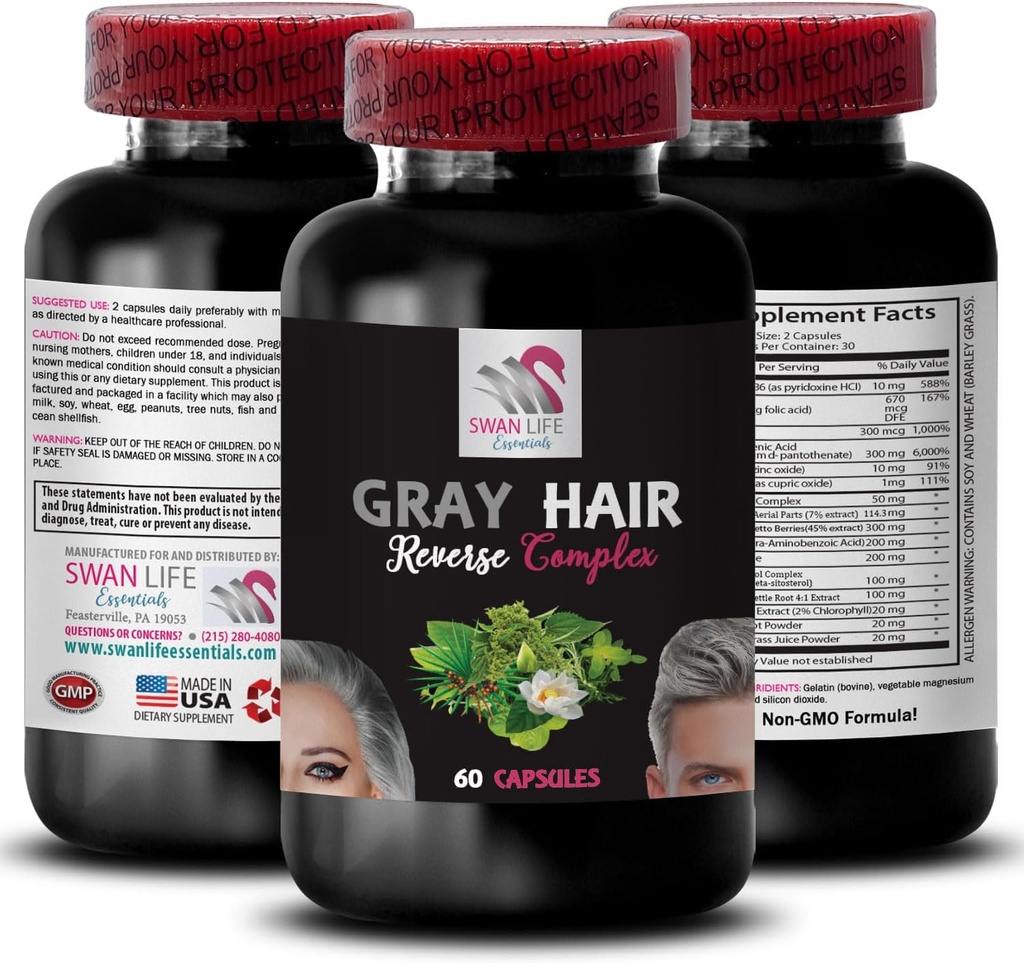 Biotin, restore vibrancy - GRAY HAIR REVERSE - hair care solution, renew hair color, color restoration, hair tone improvement, age-defying hair, vibrant hair color, hair enrichment 1 Bottle 60 Caps