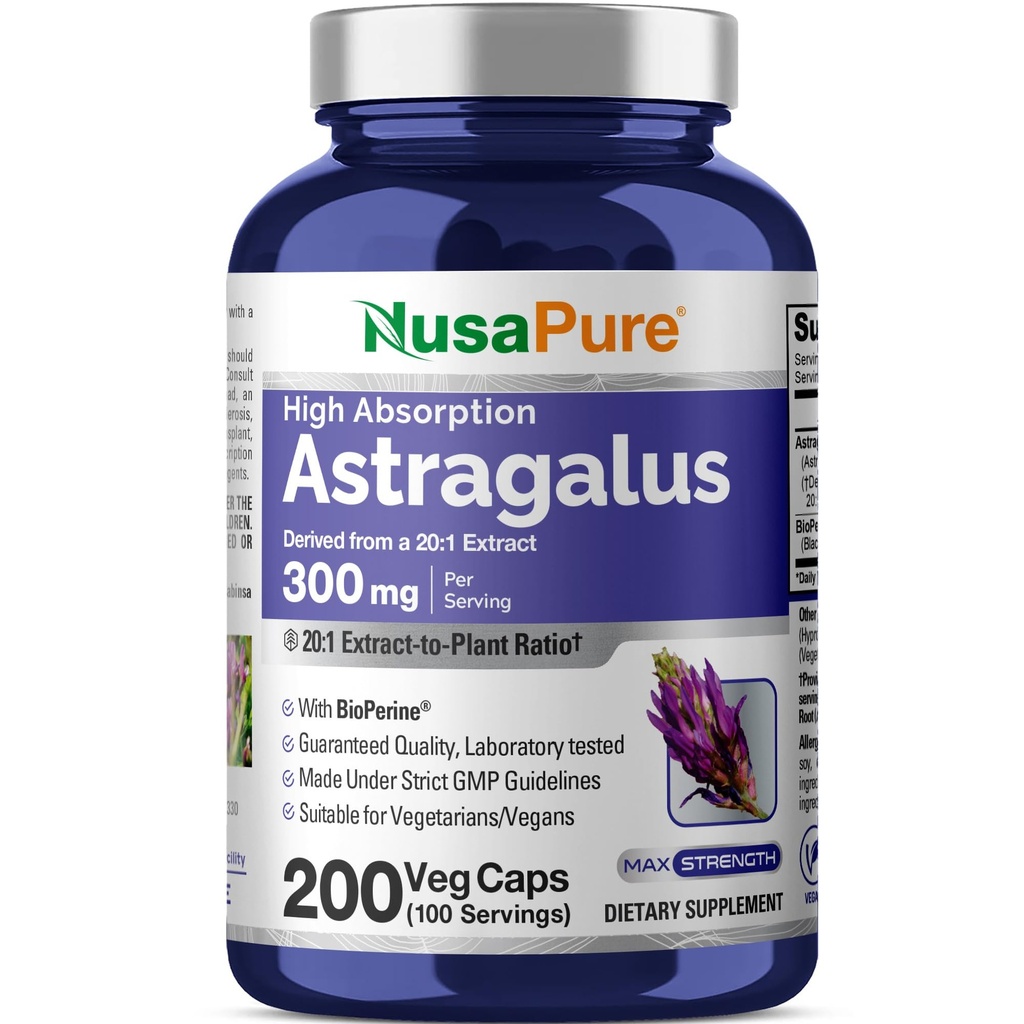 NusaPure Astragalus 20:1 Ekstraksiyon, 300 mg Oda başına 6.000 mg Eşdeğer, 200 Veggie Capsules, Non-GMO & Bioperine