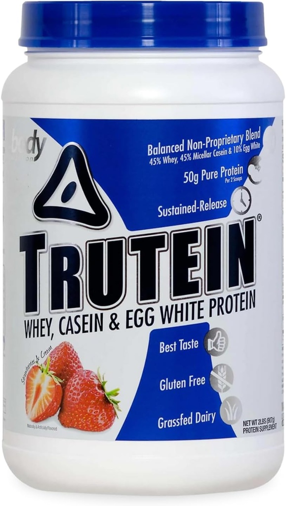 Body Nutrition Trutein High Protein Powder: 45% Whey, 45% Casein, 10% Egg White, Gluten-Free, Low Sodium, Grass Fed Whey Protein Powder, Gym Supplement & Breakfast Shake, Strawberries & Cream, 2lb