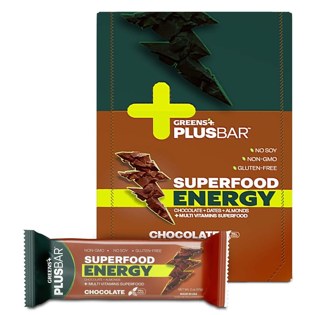 Greens+ Plusbar Energy Chocolate | Gluten Free Energy Bar | Organic Greens | Organic Dark Chocolate | Non GMO | 12 Bars