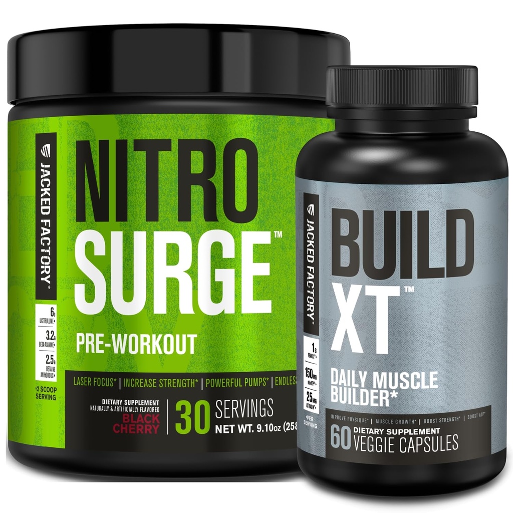 Jacked Factory Nitrosurge Pre-Workout in Black Cherry & Build XT Muscle Building Sche for Men & Women