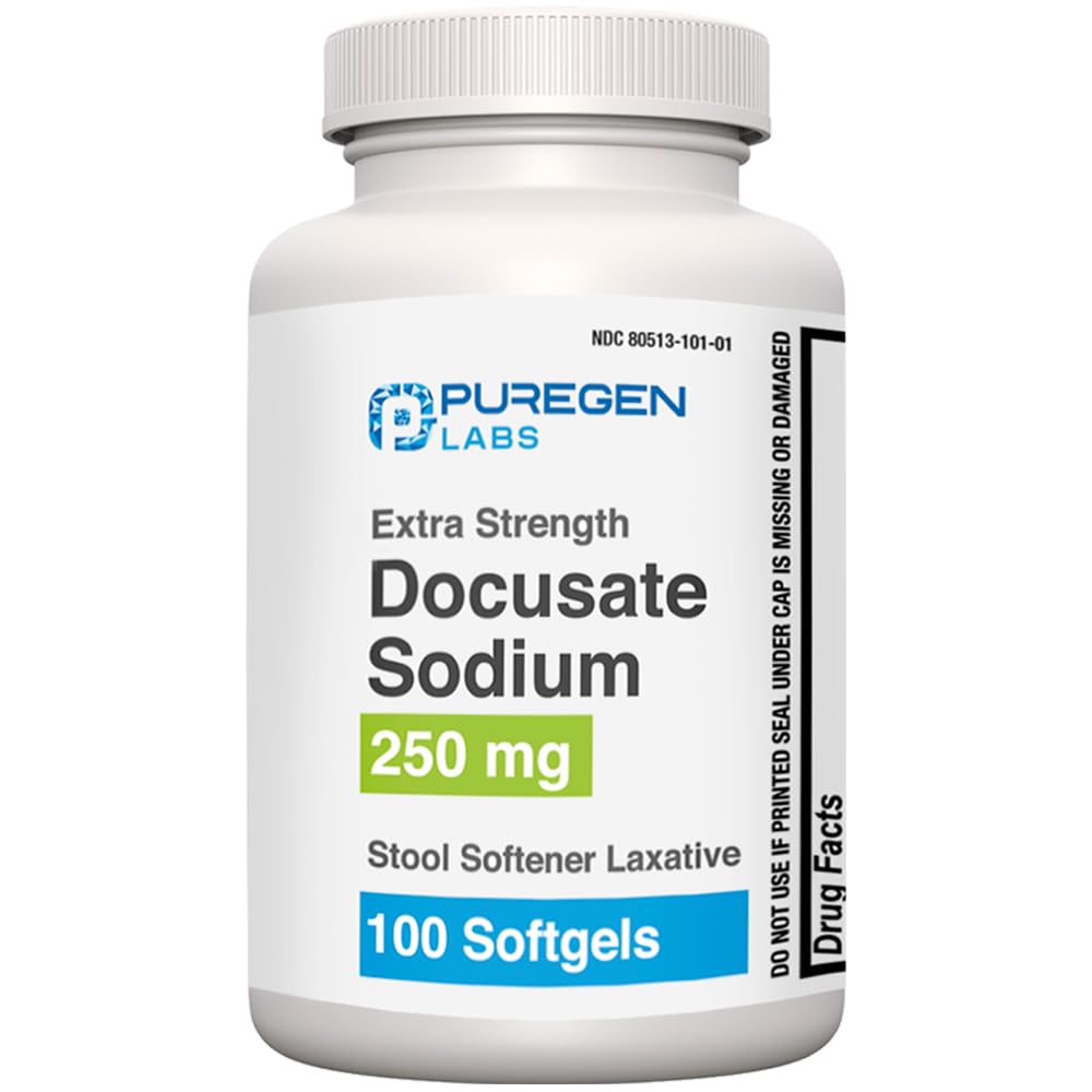 Puregen Laboratuvarları Sodyum 250 mg Stool Softener Laxative | 100 softgels | Gentle Constipation Relief | Ekstra Kuvvet | Stimulant Free