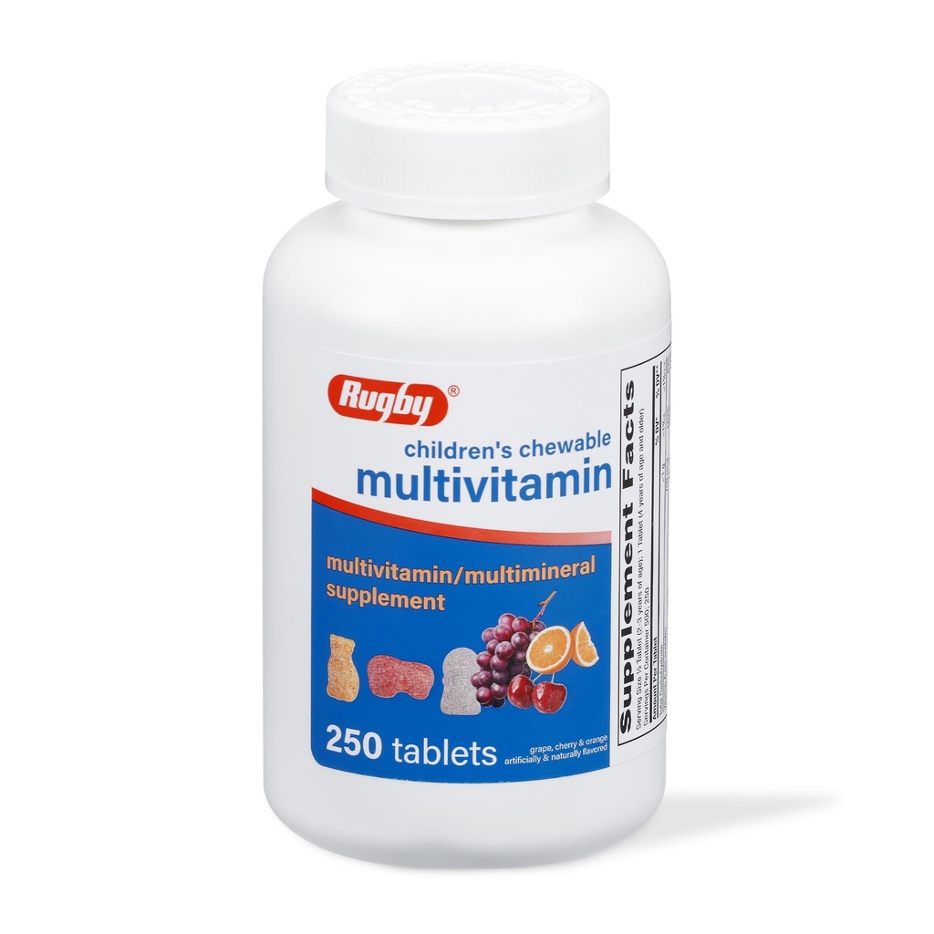 Rugby Çocuk Chewable Multivitamin Tabletleri - Diyetsel Tamam - Assorted Fruit Flavors - Animal Shapes - 250 Count (1 Pack)