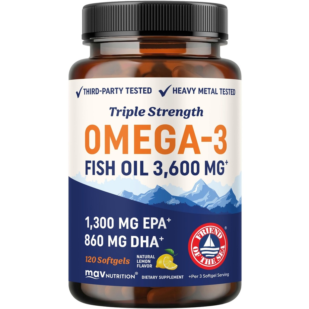 Triple Strength DHA Omega 3 Fish Oil 3600 mg | 2100 mg üzerinde Omega-3 Fatty Asits 860 mg of DHA | 1300 mg EPA | En İyi Temel Fatty Asits | Premium Wild Caught & Burpless Fish Oil | 120 ct.