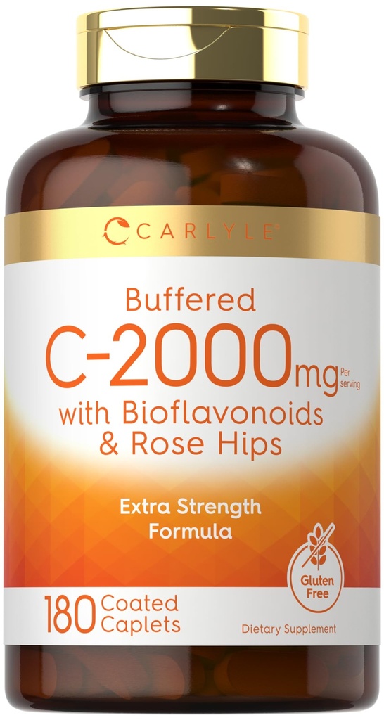 Carlyle Buffered Vitamin C | 2000 mg | 180 Caplets | Bioflavonoyaklar ve Rose HIPS | Vejetary, Non-GMO ve Gluten Free Supplement Supplement